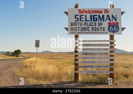 Signage near Seligman in Arizona, United States. Seligman is a census-designated place in Yavapai County, in northwestern Arizona. Stock Photo