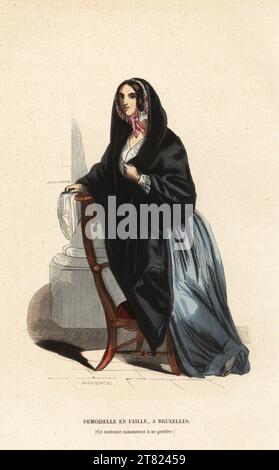 Young woman in black shawl of faille (coarse grain silk), Brussels, Belgium. It was falling out of fashion in the mid-19th century. Demoiselle en faille, a Bruxelles. Ce costume commence a se perdre. Handcoloured woodcut by L. Markaert from Auguste Wahlen's Moeurs, Usages et Costumes de tous les Peuples du Monde, (Manners, Customs and Costumes of all the People of the World) Librairie Historique-Artistique, Brussels, 1845. Stock Photo