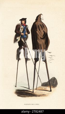 Shepherds of Landes, southwestern France, 19th century. They stand on stilts or tchangues to walk across the marshy heathlands. In hooded capes, fur-lined coats and boots. Habitants des Landes. Handcoloured woodcut by L. Markaert from Auguste Wahlen's Moeurs, Usages et Costumes de tous les Peuples du Monde, (Manners, Customs and Costumes of all the People of the World) Librairie Historique-Artistique, Brussels, 1845. Stock Photo
