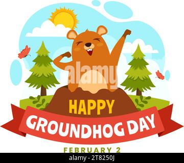 Happy Groundhog Day Vector Illustration on February 2 with a Groundhog Animal Emerged from the Hole Land and Garden in Background Cartoon Design Stock Vector