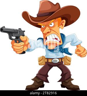 An angry cowboy wearing a hat, holding a gun in a vector cartoon illustration Stock Vector