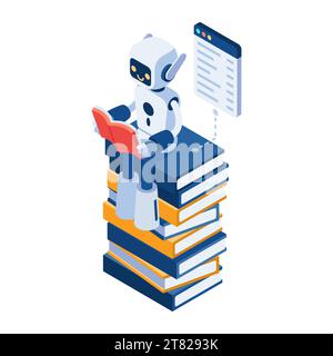 Flat 3d Isometric Ai Robot Reading on Stack of Books. Machine Learning and Artificial Intelligence Concept. Stock Vector