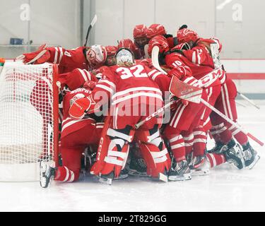 Columbus, Ohio, USA. 17th Nov, 2023. the Wisconsin Badgers huddle up before facing the Ohio State Buckeyes in their game in Columbus, Ohio. Brent Clark/Cal Sport Media/Alamy Live News Stock Photo