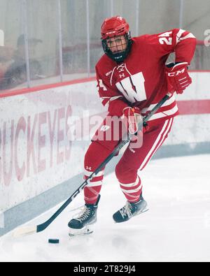 Columbus, Ohio, USA. 17th Nov, 2023. Wisconsin Badgers defenseman Katie Kotlowski (24) carries the puck against the Ohio State Buckeyes in their game in Columbus, Ohio. Brent Clark/Cal Sport Media/Alamy Live News Stock Photo