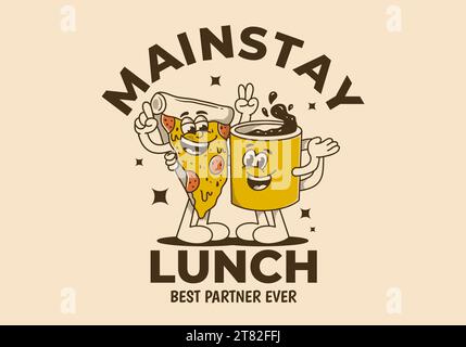 Mainstay lunch, best partner ever. Mascot character illustration of a coffee mug and a slice pizza Stock Vector