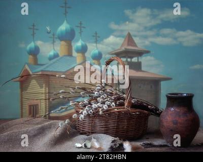 Orthodox Easter still life with willow branches Stock Photo