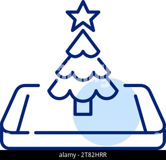Christmas tree with star on top. Gifts and black Friday sales app on smartphone. Pixel perfect, editable stroke Stock Vector