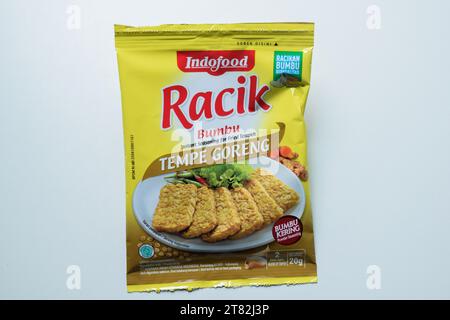 Indofood racik instant seasoning powder for fried tempeh or so called tempe goreng. Bekasi, Indonesia, November 18, 2023 Stock Photo