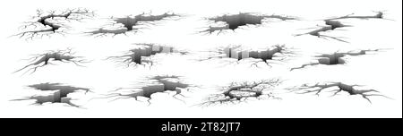 Earth cracks. Realistic earthquake ground damage. 3D holes and fissures in concrete, destructed fractured wall. Broken surface effect templates set. I Stock Vector