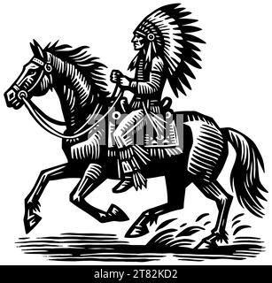 Native American chief riding horse, stylized linocut print, black and white. Stock Vector