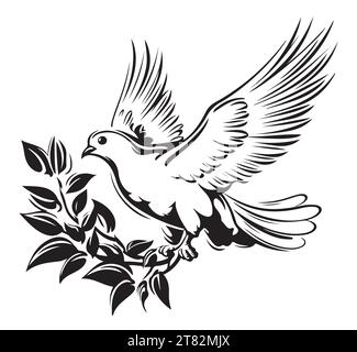 Flying dove, pigeon. Realistic ink sketch of wild bird. Hand drawn vector illustration in vintage, engraving style. Black contour element isolated on white, for design, print, card, decor, tattoo etc. Stock Vector