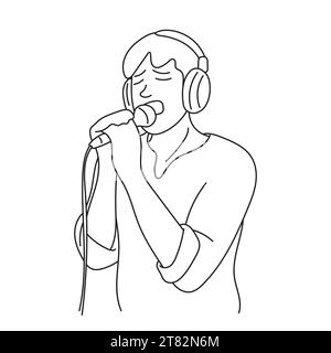 man in headphones singing in recording studio illustration vector hand drawn isolated on white background Stock Vector