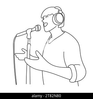 half length of man singing on microphone with headphone illustration vector hand drawn isolated on white background Stock Vector