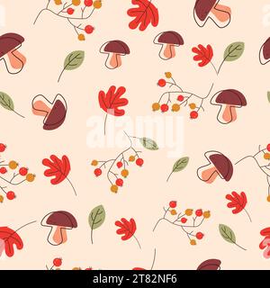 Autumn Seamless Pattern with leaves, rowanberry and mushroom. Vector Background Stock Vector