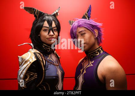 New York City, United States. 17th Nov, 2023. Sierra and Neftali from Brooklyn are dressed as Ensemble stars, Adonis and Ray for the 2023 Anime NYC at the Jacob Javits Center on October 17, 2023 in New York City. (Photo: Gordon Donovan) (Photo by Gordon Donovan/NurPhoto) Credit: NurPhoto SRL/Alamy Live News Stock Photo