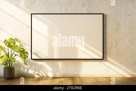 Mockup poster frame. room with window shadow and frame on beige wall, overlay background. apartment with plant, frame and shadow on plaster wall. 3d r Stock Photo