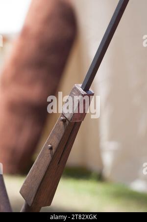 Pilum or roman javelins at military camp. Pyramidal head detail Stock Photo