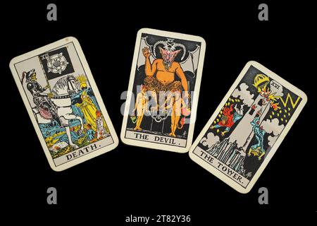 Death, the Devil and the Tower. Three  Rider Waite tarot cards from the Major Arcana Stock Photo