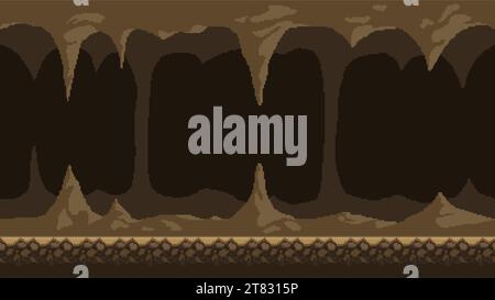 Pixel art game background, underground cave with stalactites and stalagmites. Vector 8-bit retro video game seamless cavern background Stock Vector