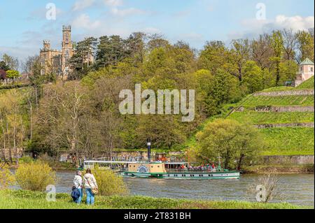 Historic steamboat in front of Eckberg Castle, in the Elbe valley of Dresden seen from the opposite bank, Saxony, Germany Stock Photo