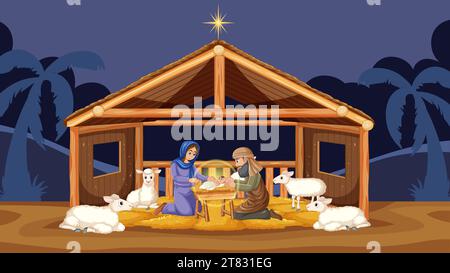 Mary giving birth to Jesus surrounded by sheep and Joseph in a cartoon-style illustration Stock Vector