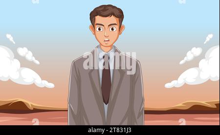Illustration of a young Robert Oppenheimer in suit at Trinity test site Stock Vector