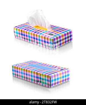 The set of colored box with paper napkins isolated on white background Stock Photo