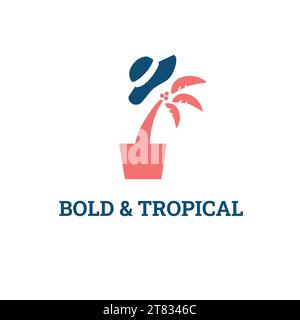 Beach Brand Logo Design with vector illustration of Palm Trees and Hat Stock Vector