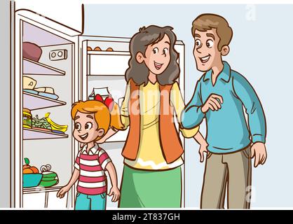 family looking at missing foods in fridge and making shopping list cartoon vector Stock Vector