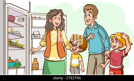 family looking at missing foods in fridge and making shopping list cartoon vector Stock Vector