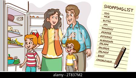 family looking at missing foods in fridge and making shopping list cartoon vector Stock Vector