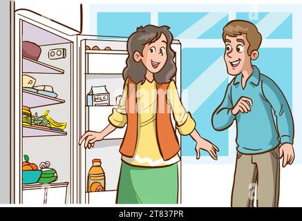 family looking at missing foods in fridge and making shopping list cartoon vector Stock Vector