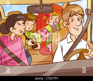 family traveling in car.family in the car cartoon vector Stock Vector