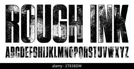 Rough Ink Condensed Font. Detailed individually textured characters with a rough inked letterpress print texture. Unique design font Stock Vector