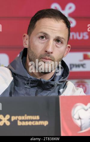 Tubize, Belgium. 18th Nov, 2023. Belgium's head coach Domenico Tedesco pictured during a press conference of the Belgian national soccer team Red Devils, at the Royal Belgian Football Association's training center, in Tubize, Saturday 18 November 2023. On Sunday, the Red Devils play their last Euro 2024 qualifier in Group F against Azerbaijan. BELGA PHOTO BRUNO FAHY Credit: Belga News Agency/Alamy Live News Stock Photo