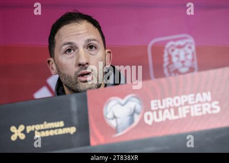 Tubize, Belgium. 18th Nov, 2023. Belgium's head coach Domenico Tedesco pictured during a press conference of the Belgian national soccer team Red Devils, at the Royal Belgian Football Association's training center, in Tubize, Saturday 18 November 2023. On Sunday, the Red Devils play their last Euro 2024 qualifier in Group F against Azerbaijan. BELGA PHOTO BRUNO FAHY Credit: Belga News Agency/Alamy Live News Stock Photo