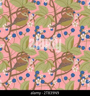 Seamless pattern in the Art Nouveau style for creating textiles, wallpaper. Birds are sitting on the intertwined branches of blackberries. Berries, le Stock Vector
