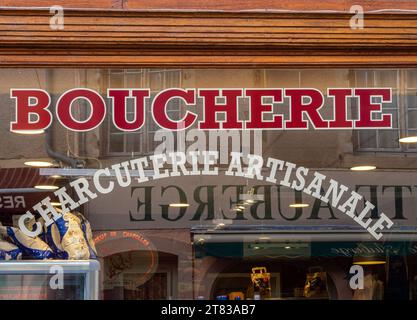 Cluny, France - October 14, 2023: Artisanal charcuterie - french butcher and meat shop Stock Photo