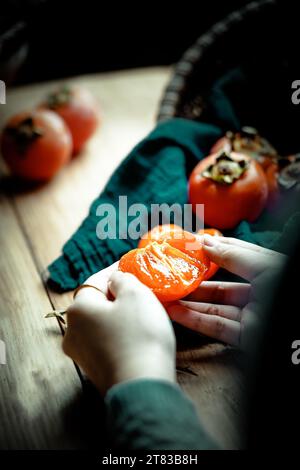 Japanese persimmon varieties, Vietnam fresh peach hi res photo Stock Photo