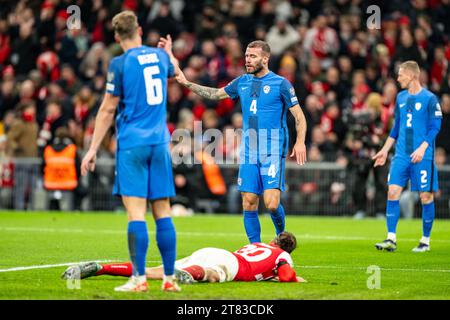 Copenhagen, Denmark. 17th Nov, 2023. Miha Blazic (4) of Slovenia seen during the UEFA Euro 2024 qualification match between Denmark and Slovenia at Parken in Copenhagen. (Photo Credit: Gonzales Photo/Alamy Live News Stock Photo