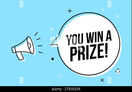 Winner prize megaphone advertising creative badge. Giveaway money ticket lottery win contest prize illustration. Stock Vector
