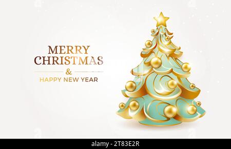 Christmas winter background with 3d green Christmas tree, elegant golden decorations, gold balls and star - Merry christmas and Happy New Year vector Stock Vector