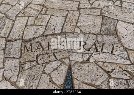 Detail of a compass rose with the direction of the Mistral, a French wind, on a mosaic floor, Finale Ligure, Savona, Liguria, Italy Stock Photo