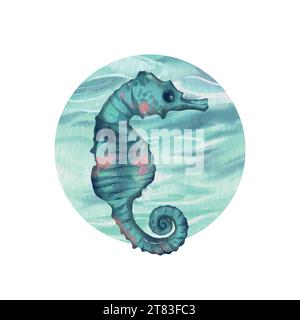 Seahorse against the background of the sea. Vector illustration in watercolor style. Greeting cards, covers, themed flyers and banners. Stock Vector