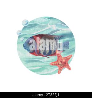 Fish, starfish, water bubbles on the background of the sea. Vector illustration in watercolor style. Food labels, greeting cards, covers, banners. Stock Vector