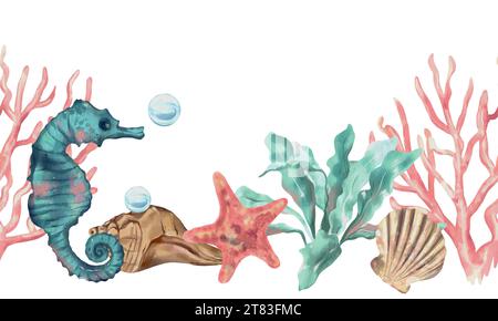 Shells, starfish, algae, corals, sea horse. Marine seamless border. Vector illustration in watercolor style. Greeting cards, covers, banners, flyers. Stock Vector
