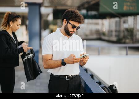 Successful Business Executives Discussing Project Details Outdoors Stock Photo
