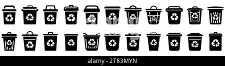 Trash bin icon isolated. Set of black trash bin icons with different lid designs and recycling symbols. Waste management concept. Vector illustration Stock Vector