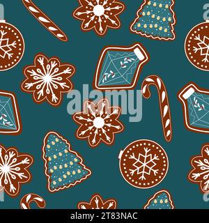 Bright seamless pattern with gingerbread cookies. Christmas candy cane, snowflake and tree vector design. Stock Vector