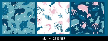 Set of seamless patterns with hand drawn underwater animals. Stock Vector